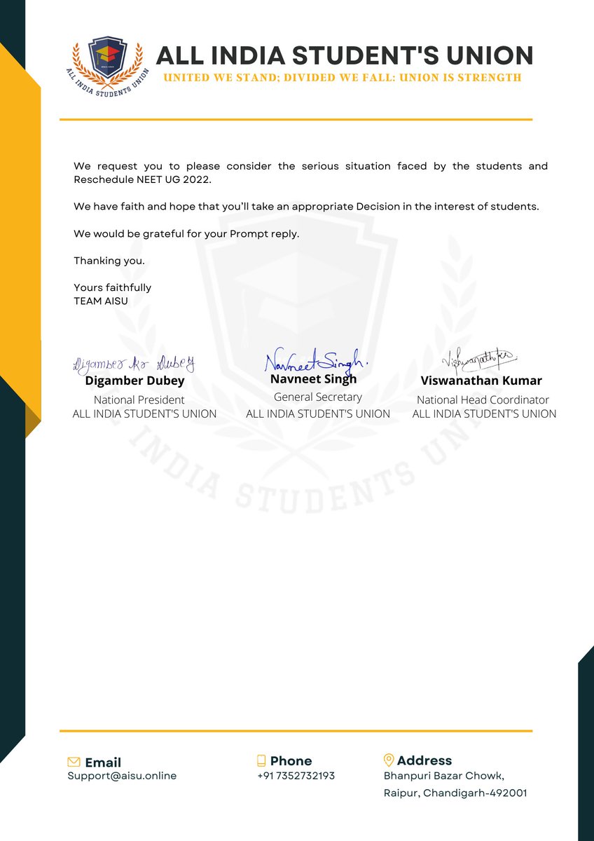 Official_AISU's tweet photo. @Official_AISU Wrote a letter to @dpradhanbjp ji &amp; requested him to #PostponeNEETUG . Kindly #DeferNeetUG by minimum 6 week and shift the dates to late august or early September so that students can prepare well for the exam.

CC: @DG_NTA 

#DelayNEETUG2022 
#PostponeNEETUG https://t.co/hYUUmQQOiF