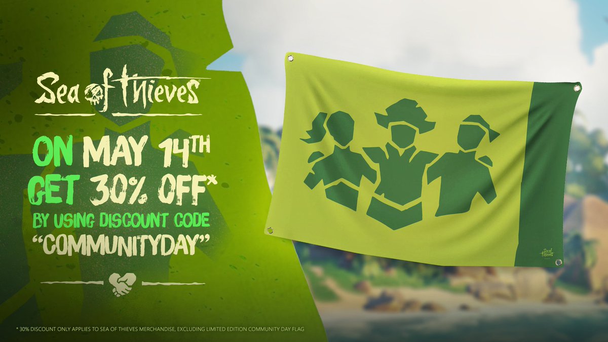 Our official merch outpost is at it again, offering an exclusive #SeaOfThievesCommunityDay Flag! Not only that, but you can slice 30% from the cost of other Sea of Thieves goods by using the code COMMUNITYDAY at checkout. Piratical plunder aplenty here: raregames.store/community-day
