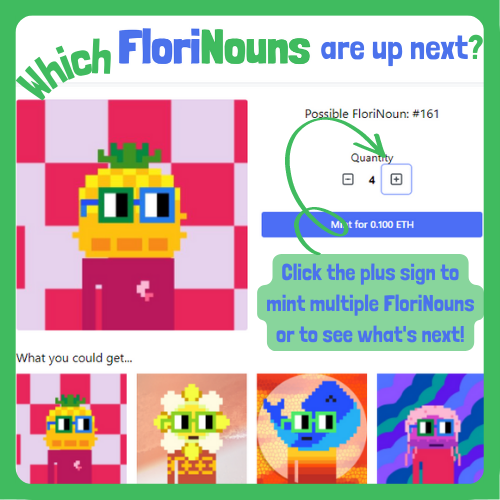 FloriNouns's tweet photo. gm Look ⌐◨-◨ what @FloriNouns are up next? Our mint is vending machine style so you get the next available FloriNoun--as long as someone doesn't snipe it first! Click the + sign to see the lineup. Cute pineapple up next followed by Flower, Whale Alive and Jellyfish--nice crew! https://t.co/JuhMsZ6ZGx