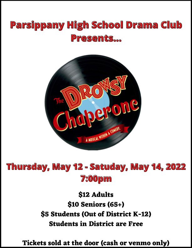 PHSbands's tweet photo. One more chance to see this year’s PHS Musical: The Drowsy Chaperone! Come on out tonight and support the hard work of our talented students and directors! Curtain is at 7PM! @ArtsEdNJ #Parsippany #livetheater #theaterisback #drowsychaperone #highschoolmusicals #broadway https://t.co/a8CuVbCO6k