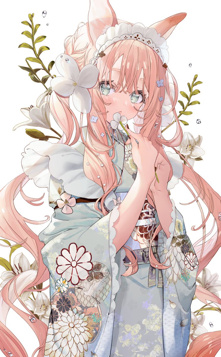 1girl flower solo animal ears japanese clothes kimono hair flower  illustration images