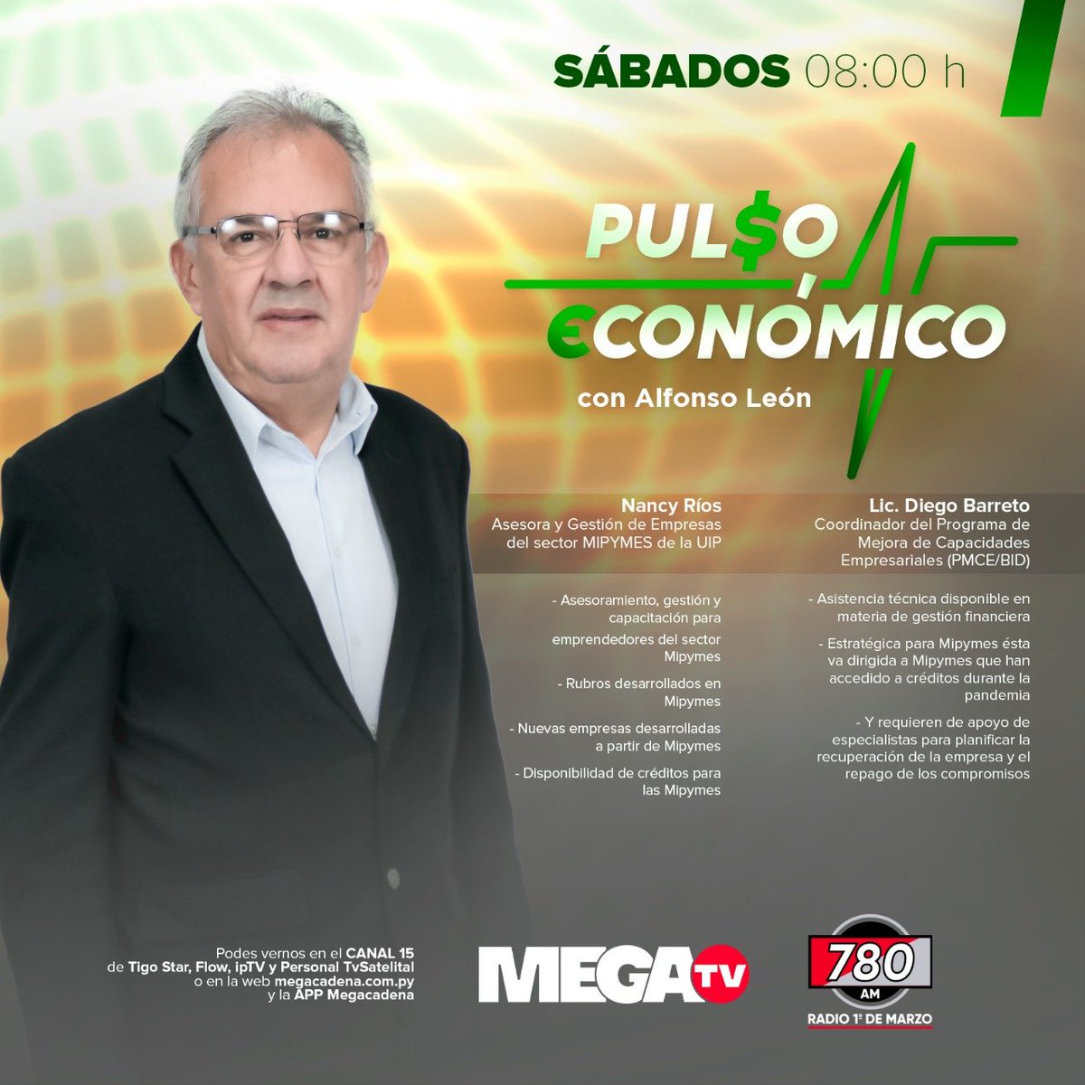 780AM's tweet photo. 𝗗𝗜́𝗔 𝗟𝗟𝗨𝗩𝗜𝗢𝗦𝗢⛈️ | Pero, como siempre ¡ya estamos al aire!📡

🤩@AlfonsoLen te comenta las primeras noticias del mundo económico en #PulsoEconómico💸, hasta las 9:30 horas.

👉Por la #780AM y por @megatvpy 
🧑‍💻Radio online https://t.co/XgLo4XFEqc y #AppMegacadena https://t.co/hFrsGU9Gmg