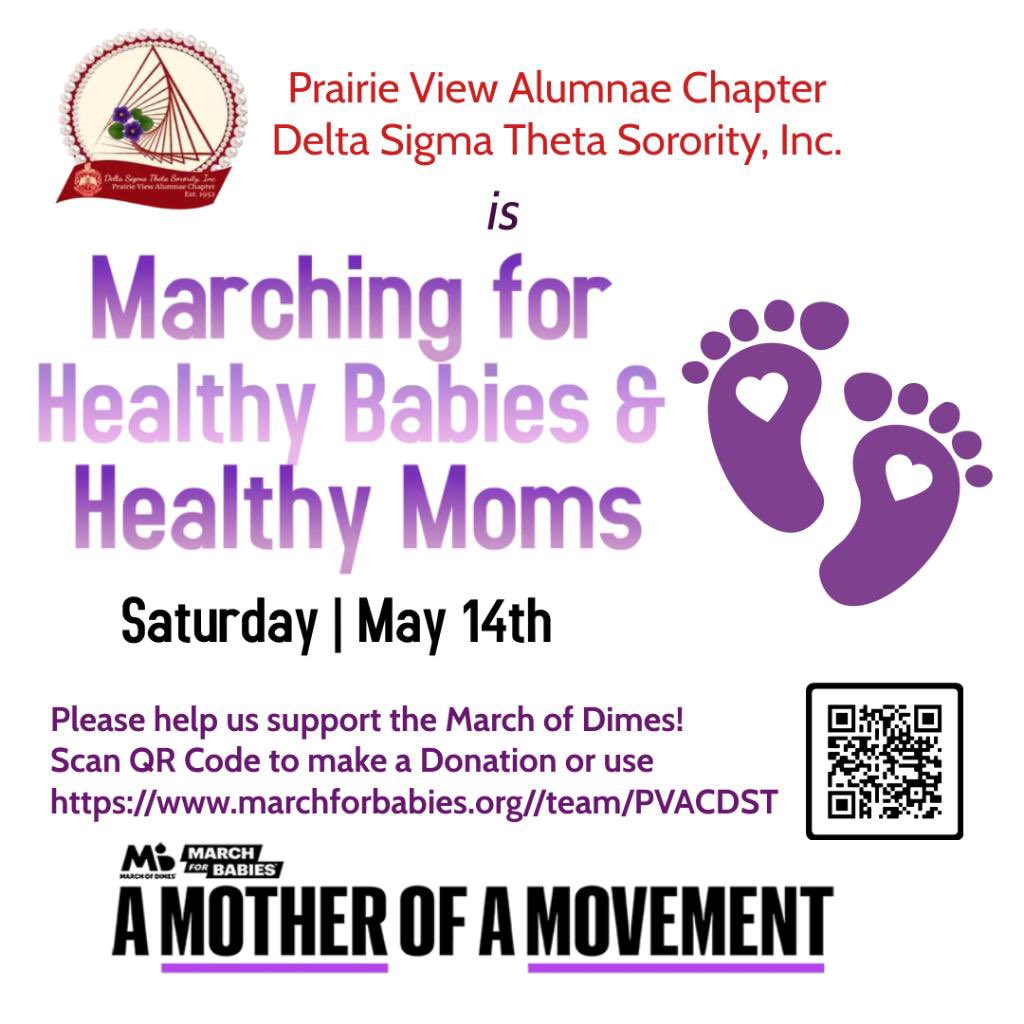 pvadst's tweet photo. The Prairie View Alumnae Chapter is Marching for Babies!
Please visit our fundraising page &amp; consider making a donation.
https://t.co/hjmijLlgCX
#MarchForBabies #MarchofDimes #DST1913
#PVACDST #DSTSWR https://t.co/yX7RE6ptkN