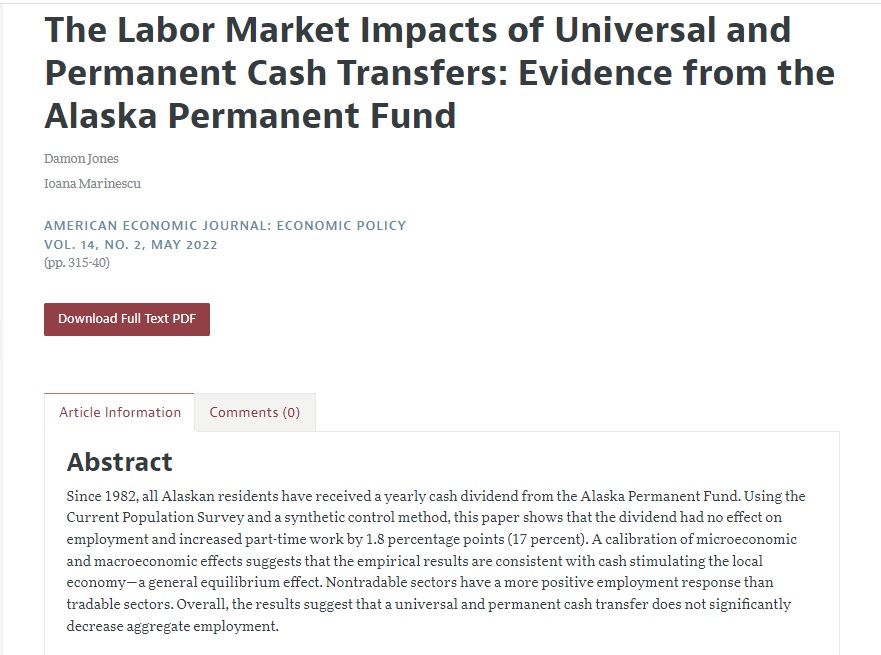 ¿Dar 1 subsidio universal al año hace que la gente no quiera trabajar? Lo probaron <a href="/nomadj1s/">Damon Jones</a> <a href="/mioana/">Ioana Marinescu</a> en Estado de USA
Resultado:empleo no baja. Es más, incluso sube en sector de no transables
¿Por qué? Hay más dinero en la calle, estimula la economía local
aeaweb.org/articles?id=10…