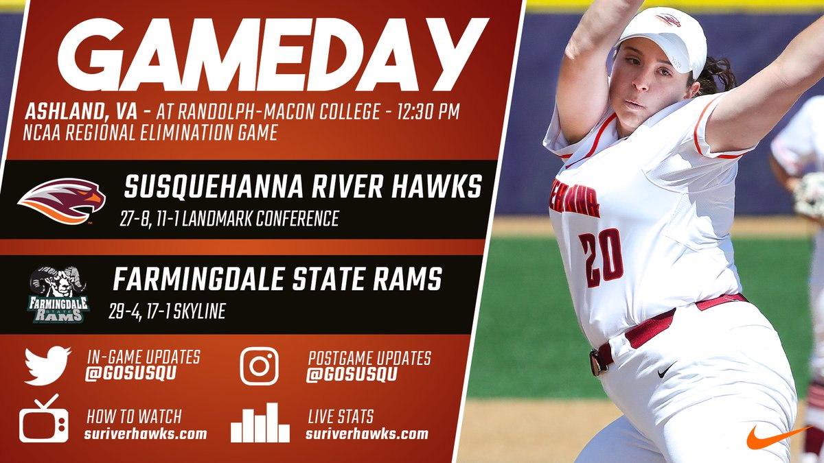 SB | Let's battle back!!!

<a href="/SusqUSoftball/">Susquehanna Softball</a> takes on Farmingdale State today at 12:30 PM in an elimination game in the NCAA Tournament. If SU wins, they'll take on either MIT or Randolph-Macon later this afternoon. 

Let's get it!

#AllIn // #GoSU // #RiverHawkPride