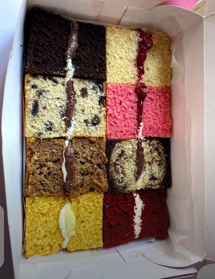 Oven fresh cake slices available today.