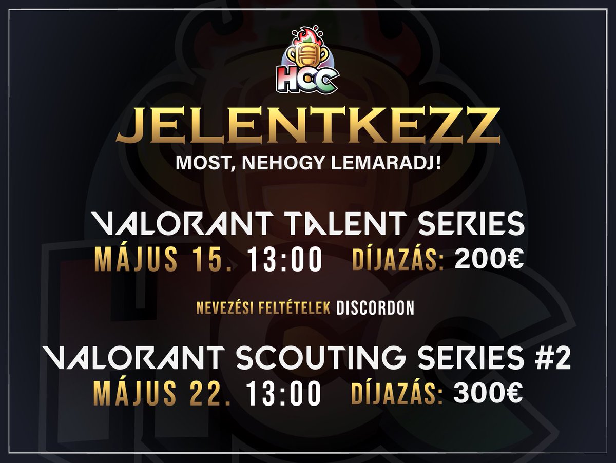 A nevezés már elindult a Talent kupára. Szedd össze a csapatod és gyere mutasd meg, hogy neked van a legjobb ‘amatőr’ csapatod 🫡
Nevezési feltételek discordon:

discord.gg/pSCX8gRRHP