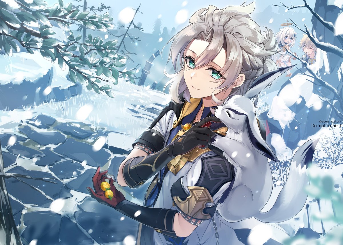 albedo (genshin impact) ,paimon (genshin impact) snow snowing vision (genshin impact) tree fox gloves multiple boys  illustration images