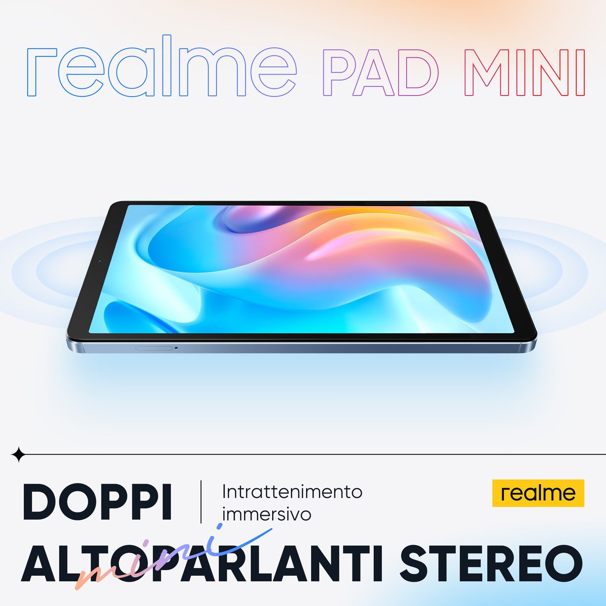 realmeItalia's tweet photo. Un sistema audio da brividi. #realmePadMini ti porta in prima fila con un sistema di doppi altoparlanti stereo. 
Tuo in promo su Amazon dal 17 al 24 maggio a partire da 159,99€.
Acquistalo ora [https://t.co/Ral8zkfzSo]
#MiniIsMighty https://t.co/qg5hYZKc0O