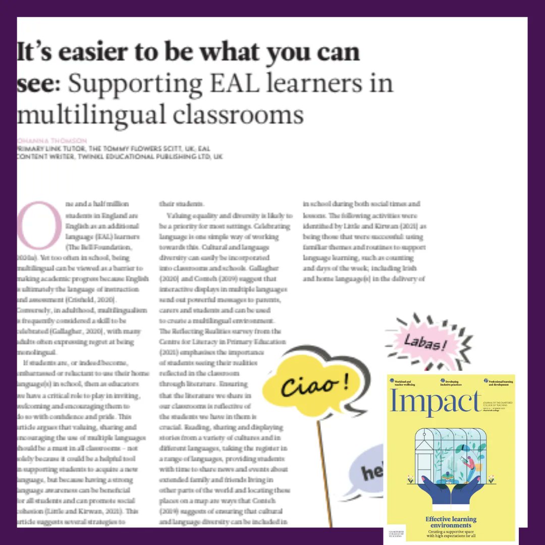 In this Impact article from our latest issue, Johanna Thomson explores how best to support EAL learners in multilingual classrooms, such as by encouraging them to use their home language(s) with pride.

Read it here: buff.ly/3wdMZte