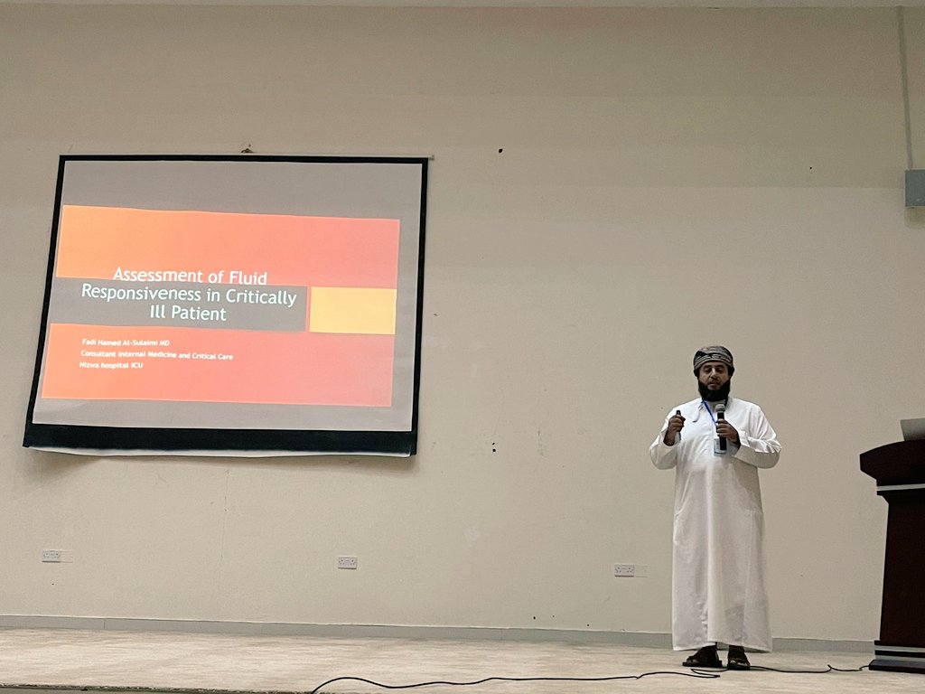 DGHS_Dakhiliyah's tweet photo. مشاركة د. فادي بن حمد السليمي -استشاري العناية المركزة بـ #مستشفى_نزوى- بمحاضرة علمية بعنوان "تقييم استجابة المرضى ذوي الحالات الحرجة للسوائل"، وذلك في أعمال المؤتمر الوطني للعناية المركزة الذي ينظمه قسم التخدير والعناية المركزة بـ #مستشفى_إبراء، ويقام بمركز إبراء الثقافي. https://t.co/3CJ0tnGyrP