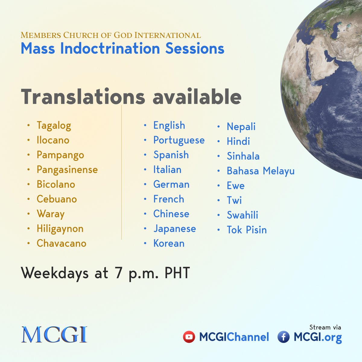 mcgidotorg's tweet photo. Listen to the words of God in the language you prefer.

The MCGI Mass Indoctrination Sessions are translated into more than 20 languages and dialects.

For your convenience, you may just visit https://t.co/Ad1Fbbcq3y for available translations.

#PureDoctrinesOfChrist https://t.co/9lGAXKl8EK