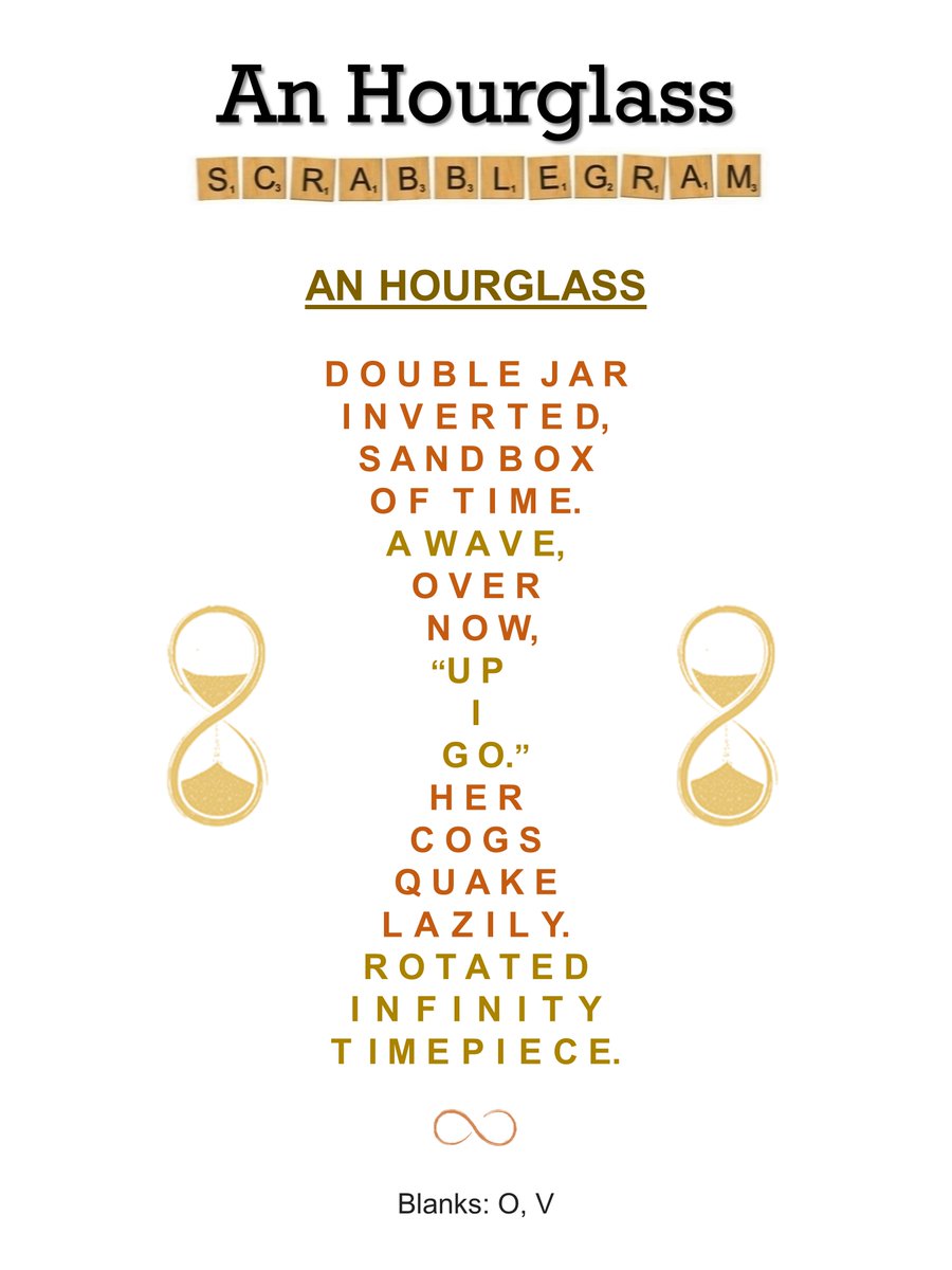 dc_scrabblegram's tweet photo. SCRABBLEGRAM* OF THE DAY
An Hourglass
The number of letters in each line of this Scrabblegram decreases from 9 to 1, then increases back up to 9. The title is part of the Scrabblegram.
*Uses each of the 100 Scrabble tiles exactly once.
#hourglass, #constrainedpoetry, #scrabble https://t.co/udXkBCx1cz