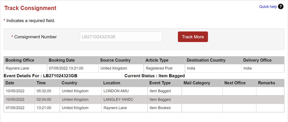 bbd_07's tweet photo. @RoyalMailHelp
 
@RoyalMail
I am struggling to find where exactly is my parcel that was posted on 07/05/2022 at London. For last 6 days, the status is in transit n stuck in London AMU. Why is i not being sent to India ? Can you please track and update? Such delay is unacceptable. https://t.co/6lssQqq4np