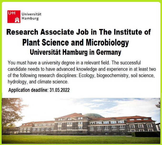 agristok's tweet photo. 📌 Research Associate Job in The Institute of Plant Science and Microbiology🌱🦠🧬 at Universität Hamburg in Germany🇩🇪... Please Retweet and spread the word! For details visit the link below👉 https://t.co/NAJozMTPbh https://t.co/jJcZubRcpZ