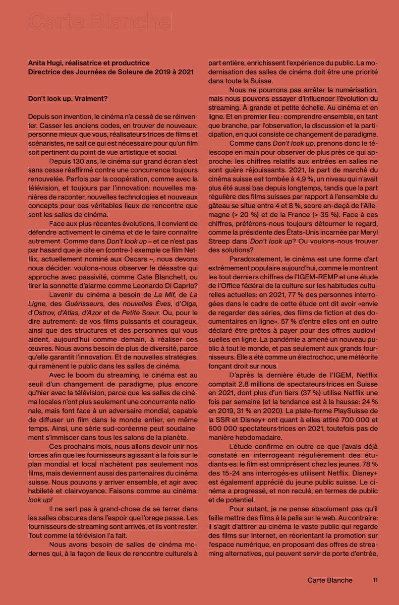 NarrativeB's tweet photo. #Lexnetflix «Avec le boom du streaming, le cinéma est au seuil d'un🎬changement de paradigme, plus encore qu'hier avec la tv». Extrait de ma #carteblanche "Don’t look up! Vraiment?" in rapport annuel 2021/22 de #ARF_FDS Bonne lecture &amp; 🚀OUI @loi_cinema!  @CulturaCH #chvote https://t.co/WgKVJVNoWT