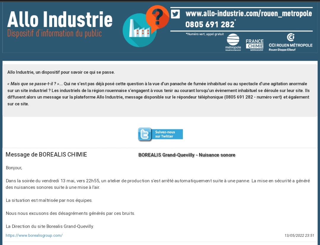 UVLubrizol's tweet photo. On a "degazé" cette nuit chez #Borealis sur @MetropoleRouenN pour éviter le pire. Merci... mais au fait, peut on savoir ce qu on a été obligé de balancer dans l' atmosphère de la #ZFE. Sans doute rien comme dans le reportage @Cdenquete sur #Arkema. Une #sanction,  mais non !!! https://t.co/Z3ox5vjhnk