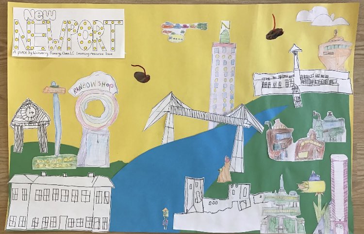 LliswerryPrim's tweet photo. #ClassLC completed New Newport’. Their entry into the Newport City Council Art competition marking 70 years in reign for Queen Elizabeth. They were asked to imagine Newport 70yrs from now. They looked at local landmarks to inspire them. https://t.co/26HntzBfEf