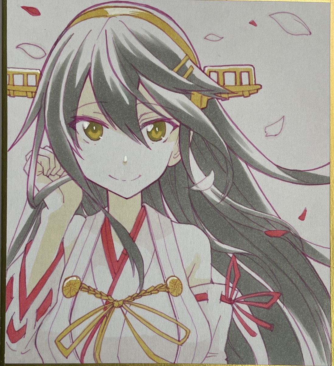 haruna (kancolle) 1girl solo long hair shikishi smile black hair detached sleeves  illustration images
