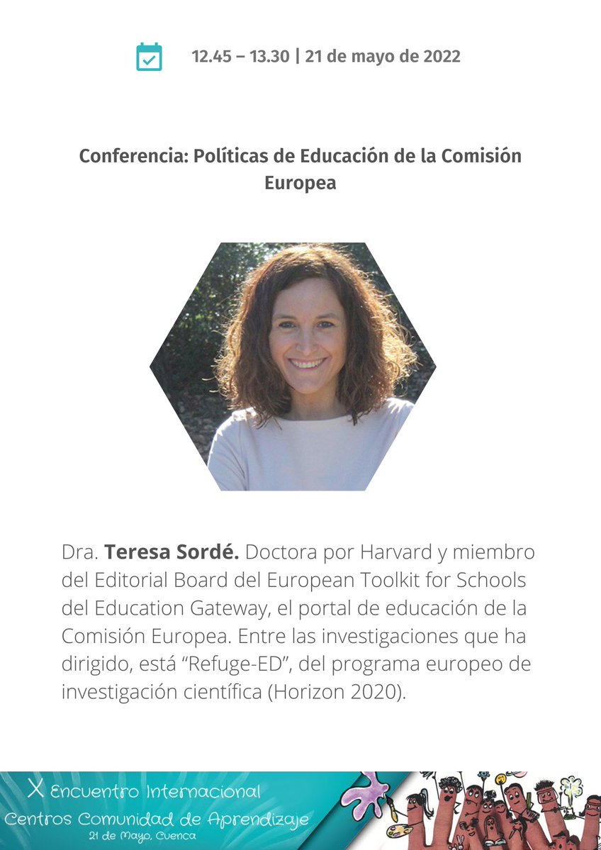 Teresa Sordé, doctora por Harvard y miembro del consejo editorial del European Toolkit for Schools de la Comisión Europea presentará la siguiente ponencia. 
➡️Inscripciones: bit.ly/3wmFjUm
➡️Programa: bit.ly/3vWVN6k #CdACuenca2022 <a href="/EUErasmusPlus/">Erasmus+</a> #EdGateway