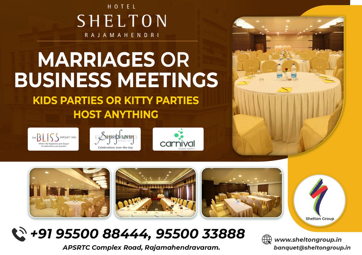 SheltonRjy's tweet photo. Marriages or Business Meetings...
Kids Parties or Kitty Parties...
Host Anything
Call : +91 9550088444 , 9550033888
Visit Us: https://t.co/S7qUR0I1Ww 
#hotelsheltonrajamahendri #Banquets #Marriages #BusinessMeetings #KidsParties #KittyParties #FunctionHalls #Bliss #Carnival https://t.co/EEUk4beban