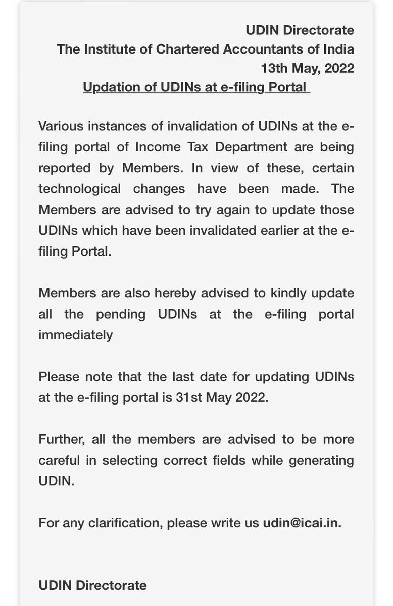 Abhiaggarwal08's tweet image. ICAI advices members to update all pending UDINs at e-filing portal of Income Tax Department. 

Kindly, remember the last date to UDINs is 31st May 2022. So, please ensure to comply at the earliest possible. 

#ICAI #recentupdate #important #CAmembers #incometax