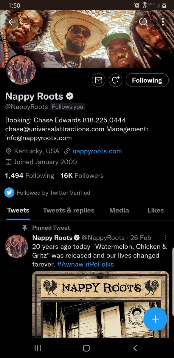 AwNaw's tweet photo. It happened folks, got a follow from the fellas that inspired my tag 🤘🏼 @NappyRoots #Awnaw https://t.co/PgoyntJS2k