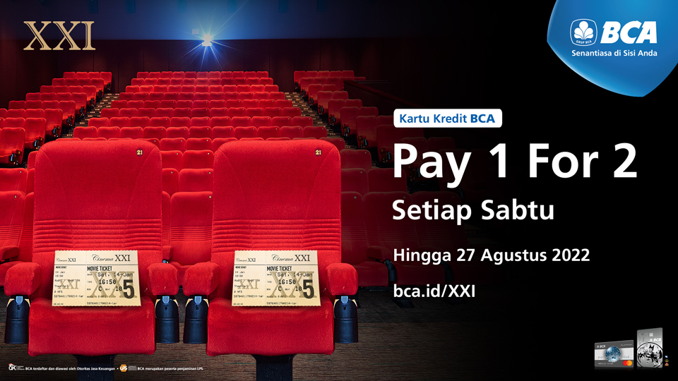 KartuKreditBCA's tweet photo. Nikmati Bayar 1 dapat 2 tiket nonton di XXI untuk transaksi menggunakan Kartu Kredit BCA setiap hari Sabtu. Berlaku hingga 27 Agustus 2022. Info: https://t.co/C5RUjbQpME https://t.co/d72Q6wGdGT
