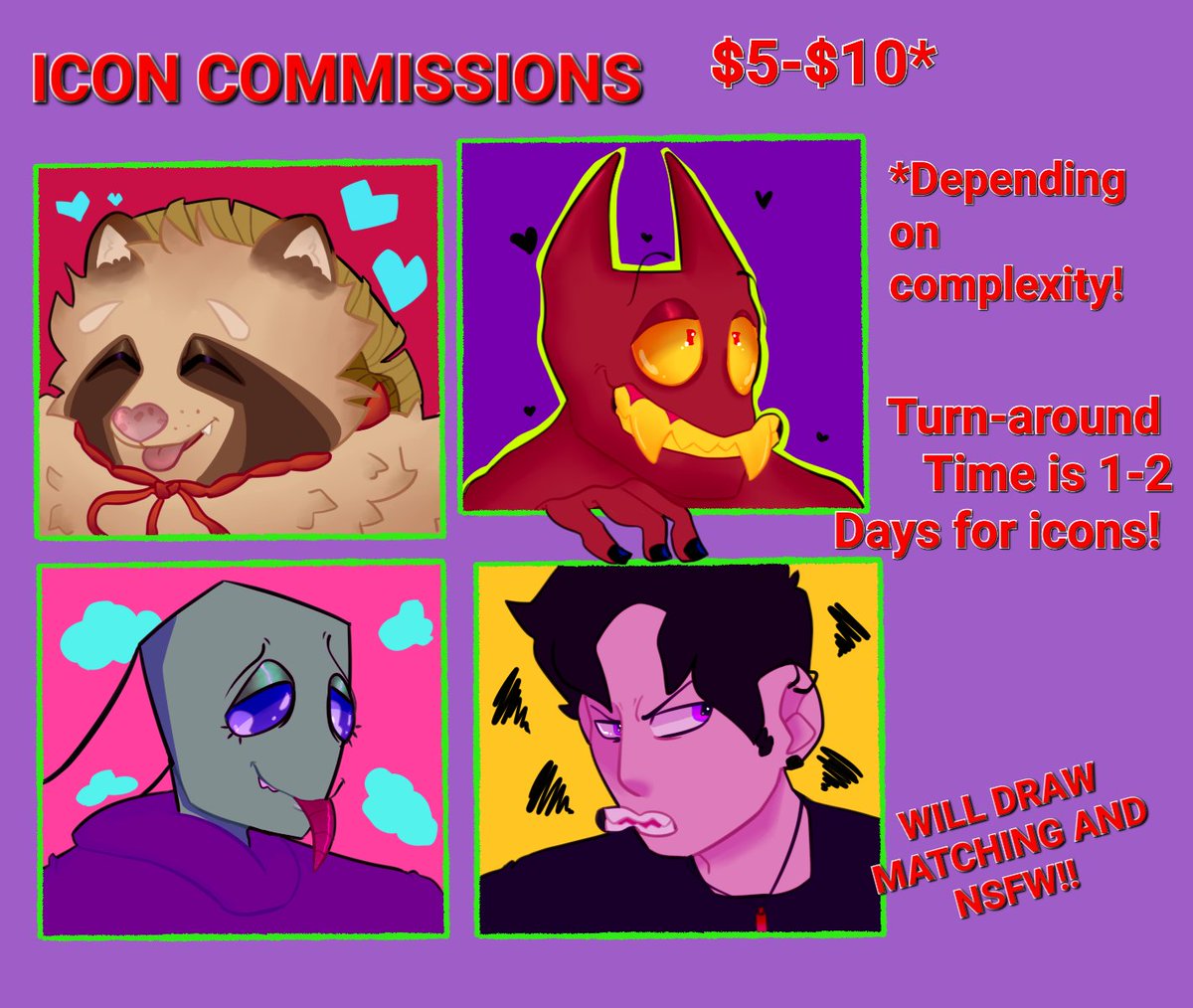 sugarslum's tweet photo. !!BARGAIN ICON COMMISSIONS!! 

RTs if ur not a buyer are appreciated! 
I CAN DRAW;
Furries, OCs, Canon Characters, Ponies, Mechs, Robots, custom backgrounds, humans, aliens, and Monsters! 

I WON'T DRAW;
NSFW of/for minors, hate speech

#furrycommissions #commissionsopen https://t.co/nDvvOAnCGM