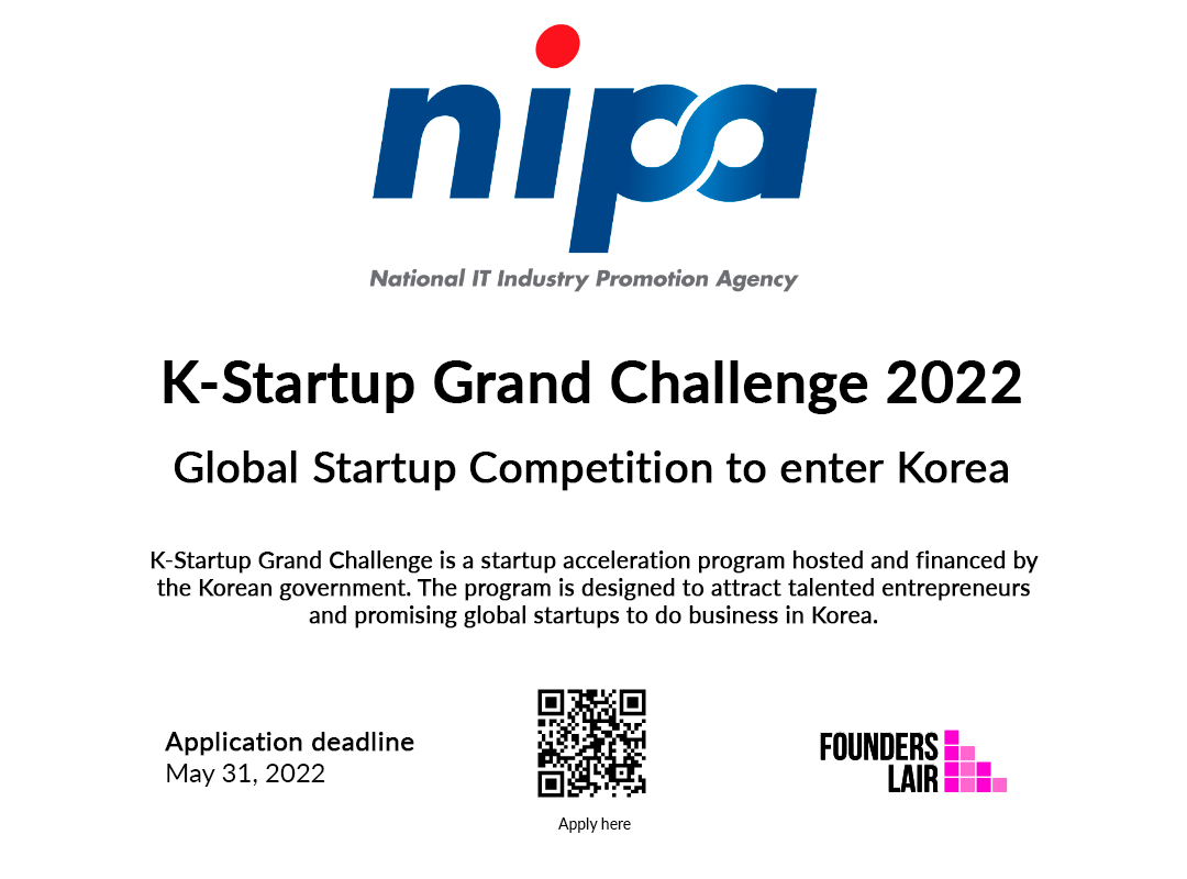 Don't miss the opportunity to enter the Korean market in style!

K-Startup Grand Challenge is a startup acceleration program hosted and financed by the Korean government. 

Read more and apply here: flair.ly/r/21c696