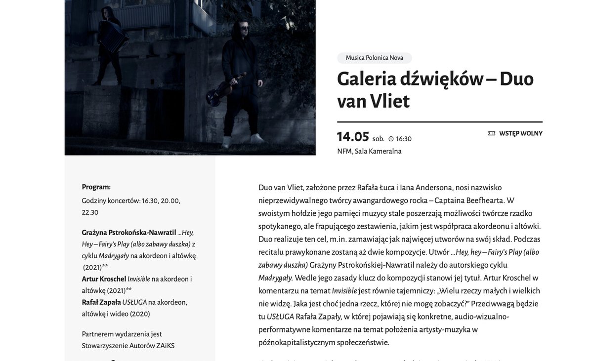 Duo van Vliet (@duovanvliet) on Twitter photo We are playing today <a href="/NFM_Wro/">NarodoweForumMuzyki</a> as a preview of Musica Polonica Nova Festival which takes part in two weeks. Programme includes Rafał Zapała and two new works written for us by Artur Kroschel and Grażyna Pstrokońska-Nawratil We are playing today <a href="/NFM_Wro/">NarodoweForumMuzyki</a> as a preview of Musica Polonica Nova Festival which takes part in two weeks. Programme includes Rafał Zapała and two new works written for us by Artur Kroschel and Grażyna Pstrokońska-Nawratil