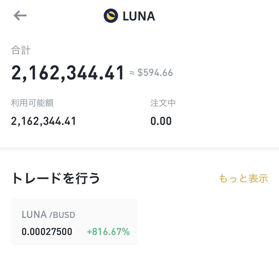 出川貴史 Sakuraguildgames 昨日 100 ほど購入していたlunaですが 6倍になりました 取引停止で仕方ないと思っていたけど 暗号資産はこれがあるから面白い 最悪無くなっても良いと考えていれば 期待値はプラスですよね Terra Luna T Co