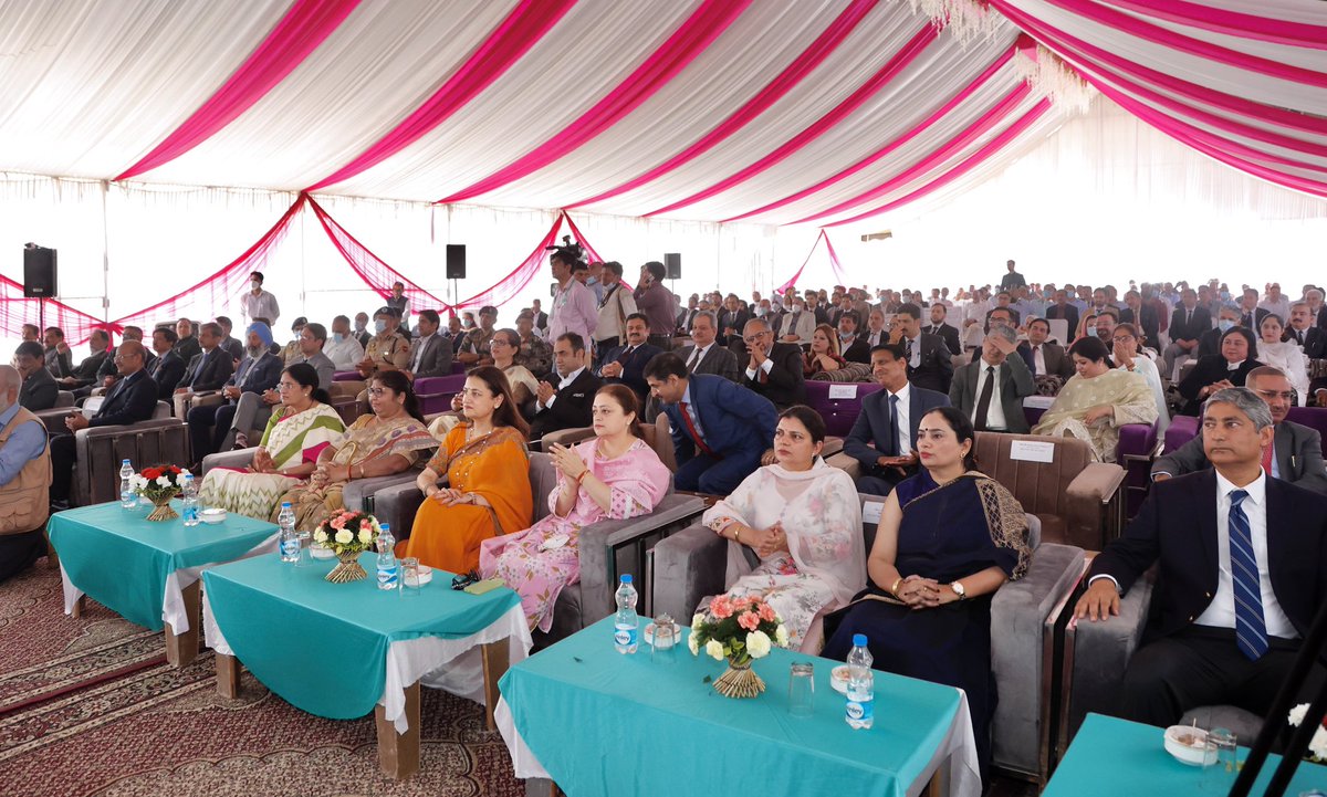 KirenRijiju's tweet photo. A great day for Jammu &amp; Kashmir and Ladakh as the foundation stone is laid for new High Court Complex in Srinagar. I'm happy to join hon’ble Chief Justice of India Mr N.V. Ramana, Senior Judges of SC, LG @manojsinha_ , @lg_ladakh , Chief Justice of J&amp;K HC, Judges &amp; dignitaries. https://t.co/8lfVtfDODX