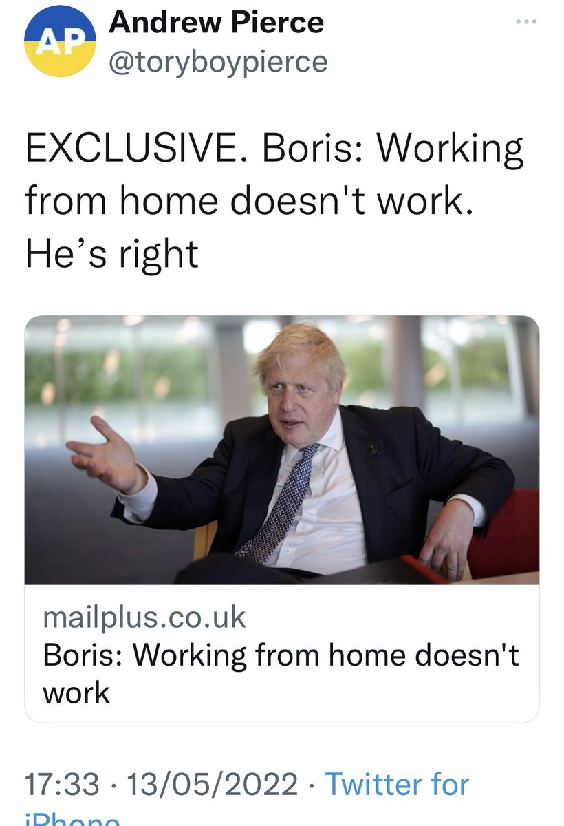 Liar Johnson *literally* works from home… he lives above the shop so to speak. Not that getting pissed, lawbreaking, grifting for freebies and thinking up new lies to tell really counts as ‘work’ - except in the wacky world of the Toryverse. 🙄
#JohnsonIsntWorking #DailyFail