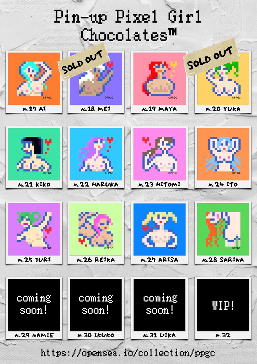 naruto1NFT's tweet photo. @DionMedici はじめまして、こんばんわ😇
『Pinup Pixel Girl Chocolates』です！
🦄ポップな��ードのピクセルアート
🦄0.002 Polygon〜
🦄5月ご購入者特典あり(Lv1〜5)

◆OpenSea
https://t.co/LJJUfekeHq

まだまだ始めたばかりのコレクションですが、ピンと来るコがいましたらぜひ🙇 https://t.co/TKcgRvrDed