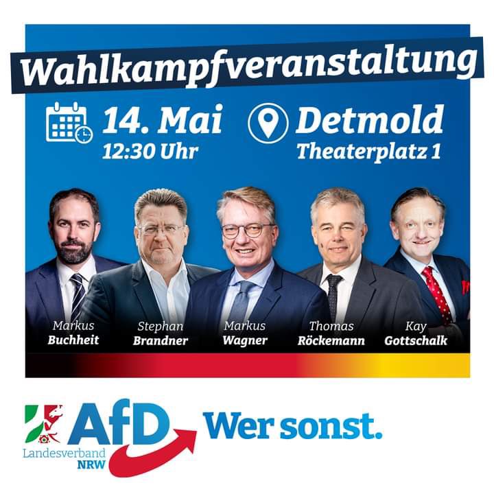 Rein in den feinen Zwirn &amp; auf zum Theaterplatz #Detmold. In einer Stunde ist Anstoß d <a href="/AlternativeNRW/">AfD NRW</a>. Während d Chaoten noch den Oettinger Rausch ausschlafen, genießen wir den herrlichen Tag mit @Wagner_AfD_MdL MdB @KayGottschalk1 MdEP <a href="/BuchheitMarkus/">Markus Buchheit</a> &amp; Dampfhammer @StBrandner