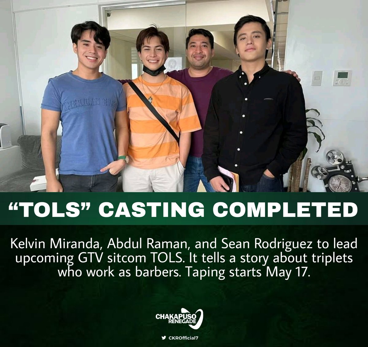 KapusoCrave's tweet photo. SERIES UPDATE
Sina Kelvin Miranda, Abdul Raman at Sean Rodriguez ang triplets na barberong malapit na magpakilig sa ating mga Kapuso.
Coming soon. ✂️
@abdul_raman23
#KelvinMiranda #SeanRodriguez #AbdulRaman #Tols #Kapuso https://t.co/KtfztyllSv