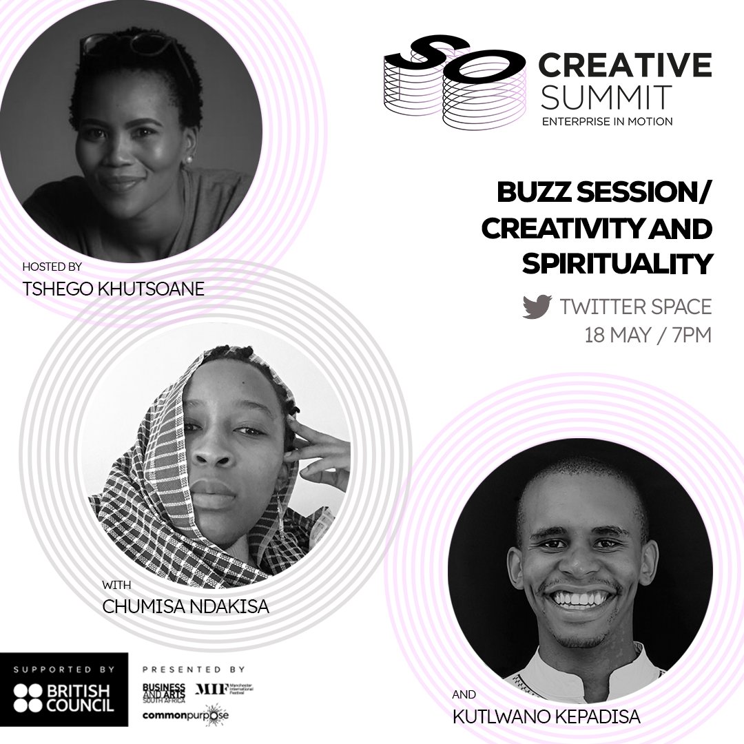 SOCreative2022's tweet photo. We're talking about the intersection of Creativity &amp; Spirituality in our first Twitter Space in the lead up to the live So Creative Summit in July 2022. Set a reminder to join the conversation here https://t.co/vhbcbPVNx5 
#socreativesummit2022 #BASA25 #SouthernAfricaArts https://t.co/0vJFcNWDN4