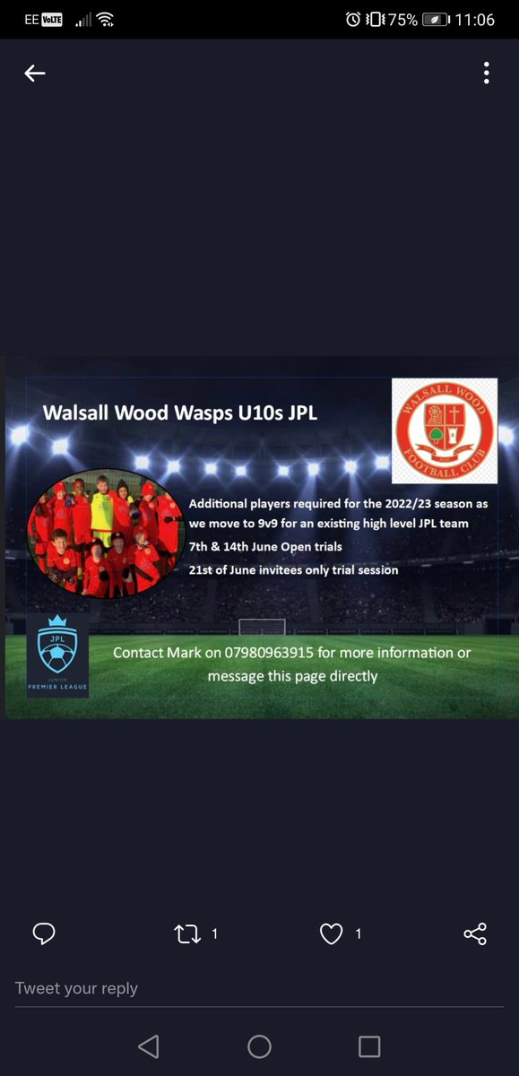 🔴⚪️ U10 WASPS 🔴⚪️

Our U10 Wasps are holding trials next month as they are looking for players for the 2022/23 season. 

Please read bellow or contact Mark on 07980963915.

#FTGOTW 
<a href="/woodacademyfc/">Walsall Wood FC Academy</a> 
<a href="/WWSAINTSJFC/">WalsallWoodSaintsJFC</a> 
<a href="/WalsallWoodFC/">𝐖𝐚𝐥𝐬𝐚𝐥𝐥 𝐖𝐨𝐨𝐝 𝐅𝐂</a>