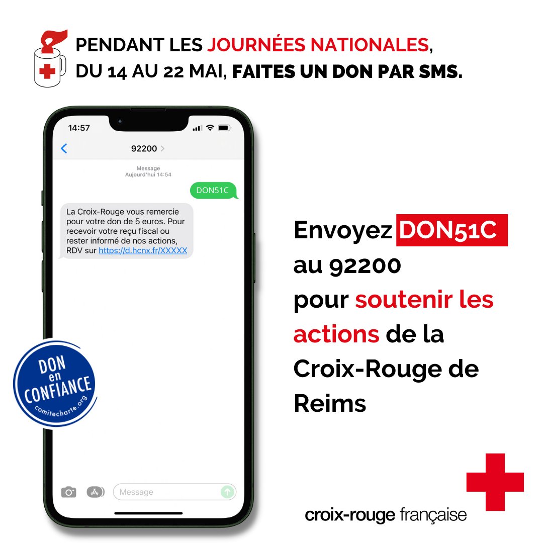 croixrougereims's tweet photo. Le compte à rebours est lancé ! Cette année, les dons sont également possible via SMS en envoyant DON51C au 92200 pour faire un don de 5€ tout au long des Journées Nationales, on compte sur vous 😄 https://t.co/N4gULvPO0O