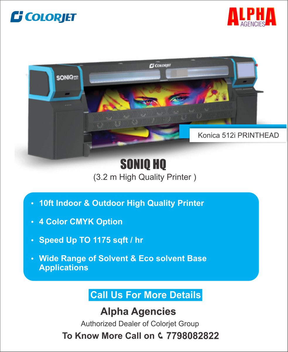 AgenciesAlpha's tweet photo. SoniQ HQ 3.2m High Quality Solvent Printer 
We have best quality solvent printer Available with Konica 512i Printhead. To check speed , accuracy and quality call us for live demo on 7798082822
#solventprinter #EcoSolventPrinter #flexprinting #vinylprinting #banner #Poster https://t.co/kaNcZlmvVb