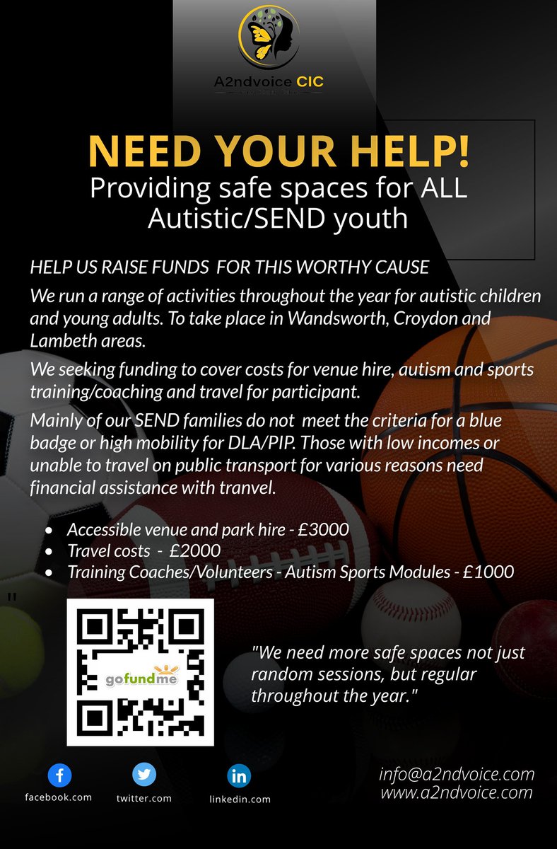 A2ndvoiceCic's tweet photo. We are raising funds to host autistic/SEND specific activities in sports. Thank you to @KickOffAt3 @Boysayso__  @ed_accura who are supporting us in bringing SEND to their spaces. More details: sports@a2ndvoice.com #autismandsports #autism #culturalneeds #diversity #fundraising https://t.co/VioUKMtqGQ