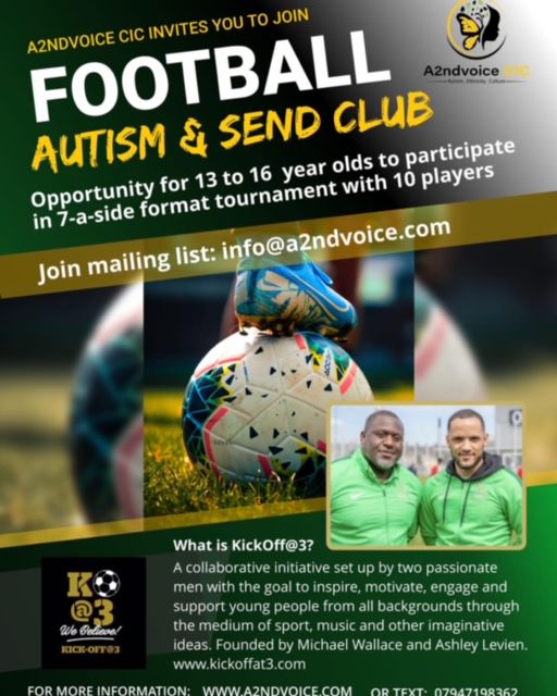 A2ndvoiceCic's tweet photo. We are raising funds to host autistic/SEND specific activities in sports. Thank you to @KickOffAt3 @Boysayso__  @ed_accura who are supporting us in bringing SEND to their spaces. More details: sports@a2ndvoice.com #autismandsports #autism #culturalneeds #diversity #fundraising https://t.co/VioUKMtqGQ