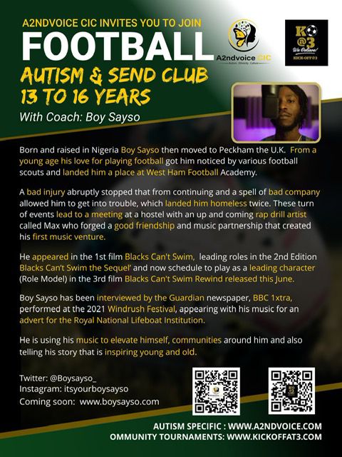 A2ndvoiceCic's tweet photo. We are raising funds to host autistic/SEND specific activities in sports. Thank you to @KickOffAt3 @Boysayso__  @ed_accura who are supporting us in bringing SEND to their spaces. More details: sports@a2ndvoice.com #autismandsports #autism #culturalneeds #diversity #fundraising https://t.co/VioUKMtqGQ