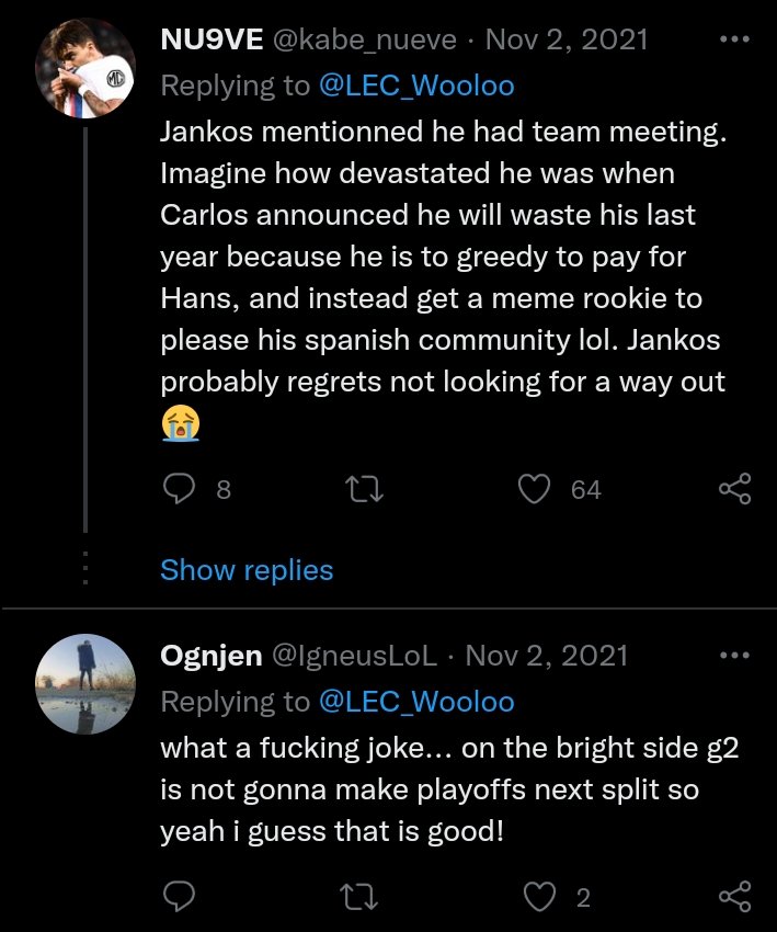 GudAdvisor's tweet photo. @G2esports @Flakked_LoL >Goes back to Flakked joining G2 tweets
>Finds this gem without even scrolling down
>You just gotta laugh. Can't make this up https://t.co/8JsAbIFwoe