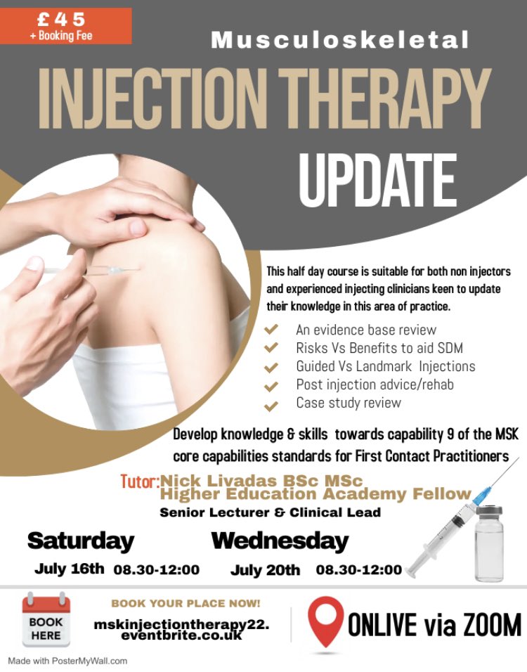 nicklivadas's tweet photo. 🗣MSK INJECTION UPDATE
🤓Suitable for injectors and non injectors 
📆Sat July 16  &amp; Wed July 20
💷£45 plus booking fee
🏃🏻‍♂️🏃🏻‍♀️Limited spaces
More info &amp; booking: https://t.co/15uTCkj26K https://t.co/Z2gJgxnLUp