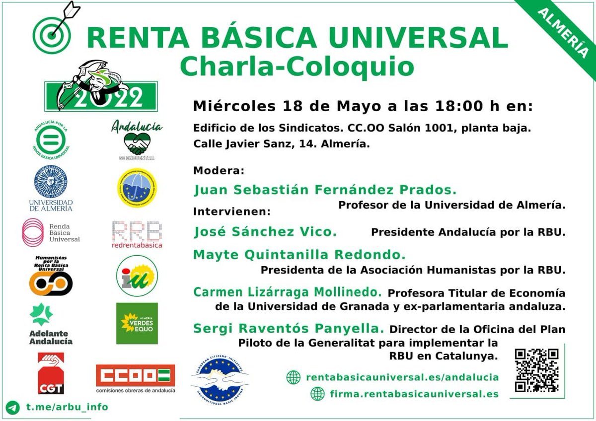 ICEporRBUI's tweet photo. En los próximos dias 18 y 19 de mayo dos debates sobre la Renta Básica Universal en Almería y Sevilla y una buena ocasión para firmar por la https://t.co/BjtuBWZ2jU  con @LizarragaC_ @jsprados_ual @MayteQhumanista @SergiRaventos Félix Talego, Jose Sanchez Vico, Francisco Algaba https://t.co/F0X4Yce1eb