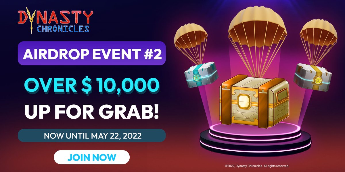🪂 The Second Dynasty Chronicles's Airdrop#2 Event is here! 🔥
💎 $10,000 is Up For Grab! 
🗓 Activity live date: MAY 14 - MAY 22, 2022
👉 Airdrop link &amp; information: gleam.io/WGn2l/dynasty-…