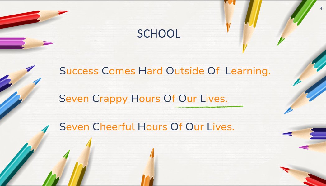 Raniazannad_56's tweet photo. Here are 3 full forms of the word school. Which does resonate with your perception ? Can you think of other full forms of SCHOOL?
@DanPardy @HotakiZarmina #qfschool https://t.co/fvmCiyRZmd