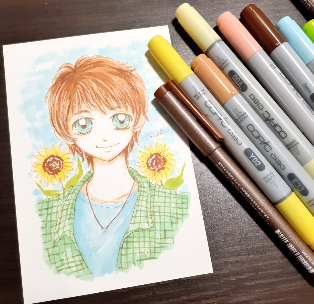 Taeko アナログ絵描き 人生初コピック チャオ 訳あって試しに買ったから使ってみた こういう絵自体久しぶりで なんか照れくさい しかも普段描かない男の子だし コピック コピックイラスト アナログイラスト T Co Rwpztvsjca